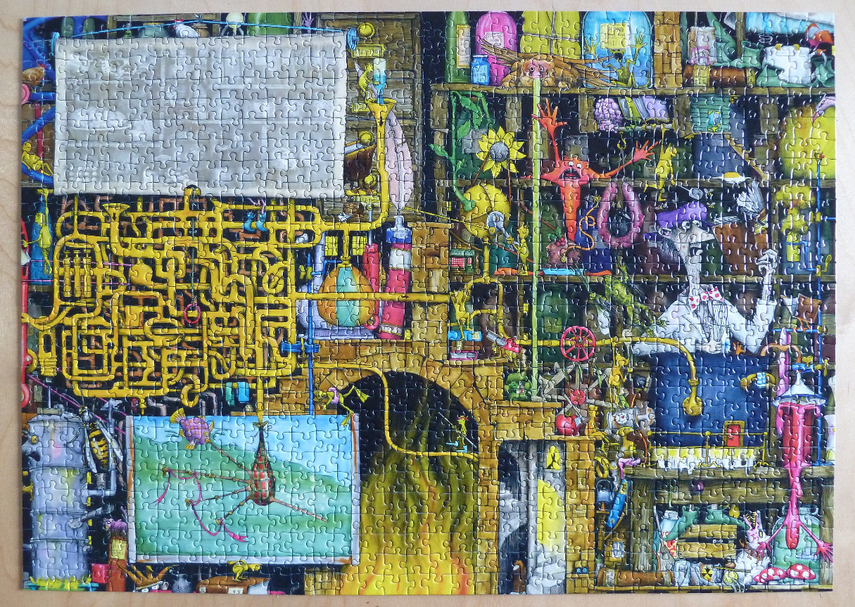 A chaotic, cartoon-style illustration of a scientist’s cluttered laboratory filled with pipes, contraptions, and creatures.