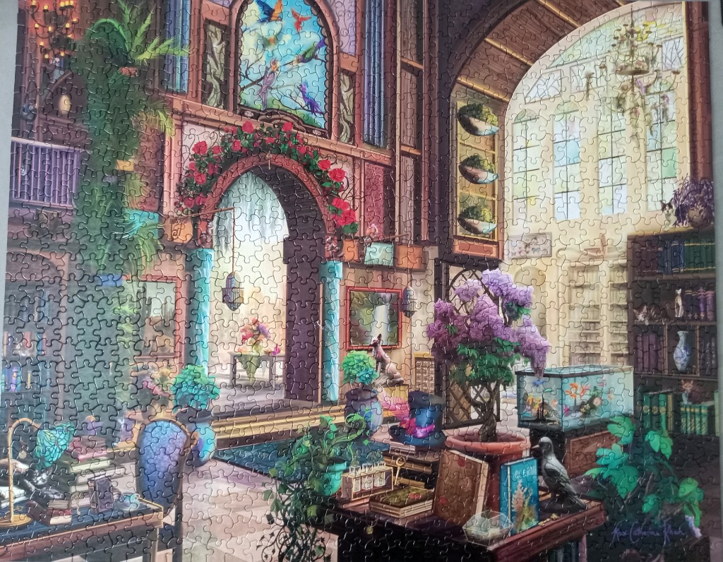 A vibrant, detailed illustration of an eclectic indoor garden room filled with bookshelves, plants, and exotic decor.