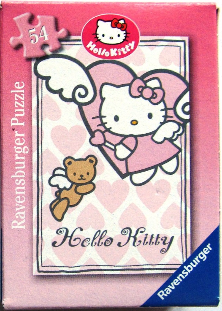Hello Kitty as an angel with a teddy bear against a pink heart background.