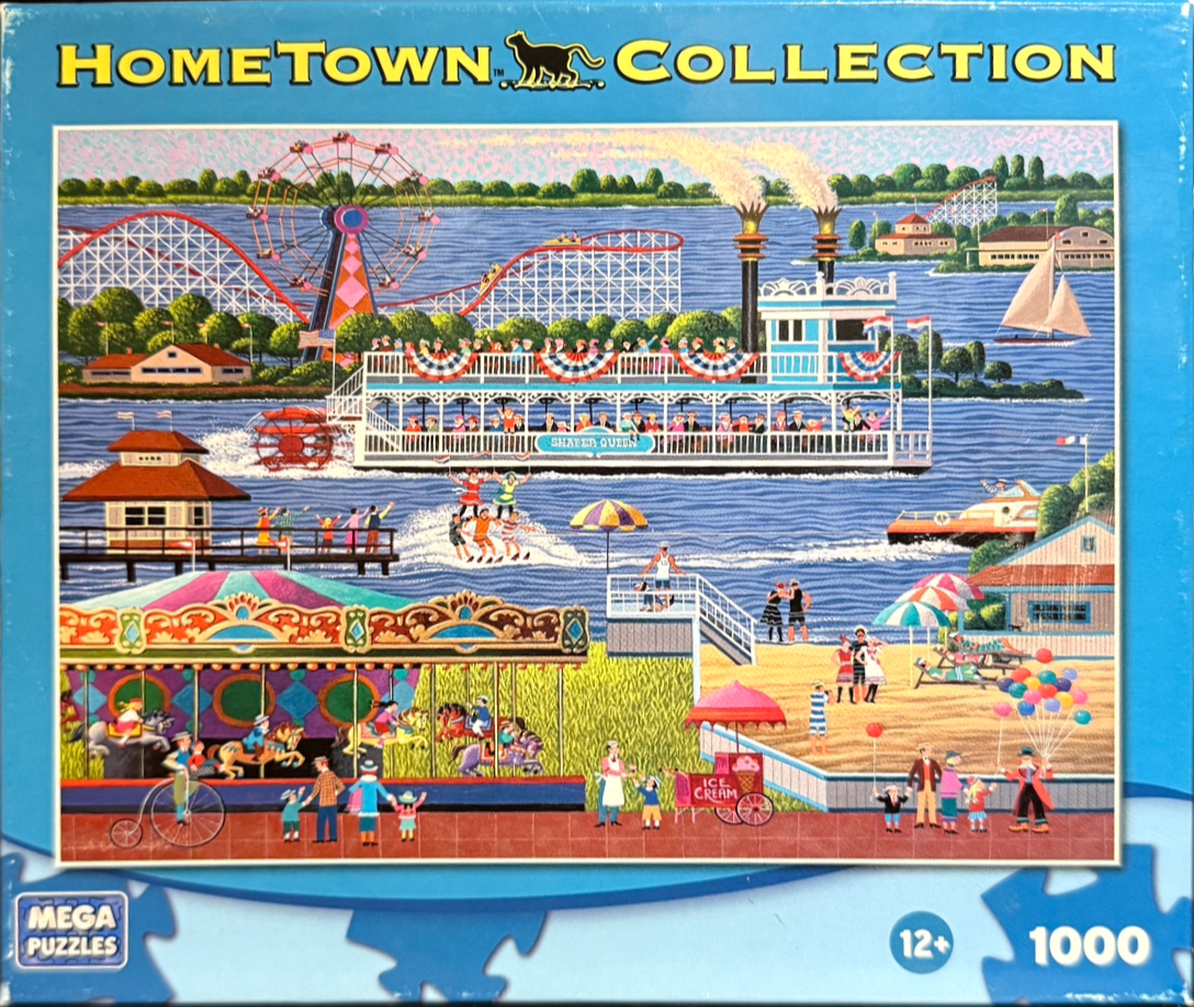 Illustration of a lively lakeside amusement park scene featuring a paddleboat, carousel, and roller coaster.