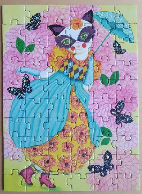 Whimsical illustration of a cat dressed as a masquerade ballerina holding a parasol, surrounded by flowers and butterflies.