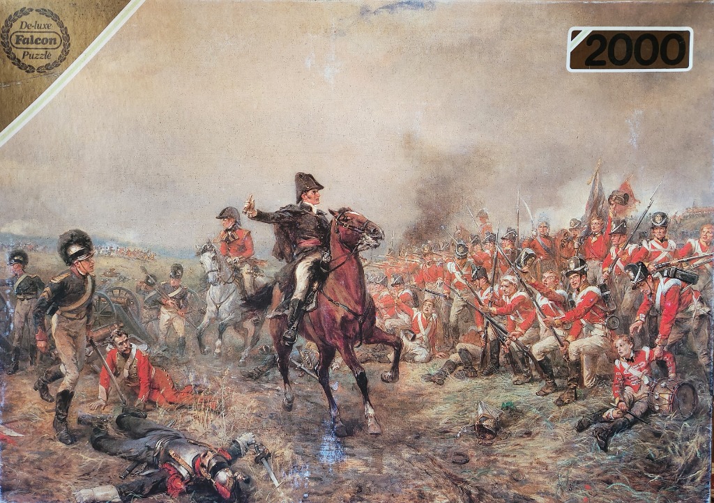 An oil painting of a Napoleonic battle scene featuring an officer on horseback leading infantry.