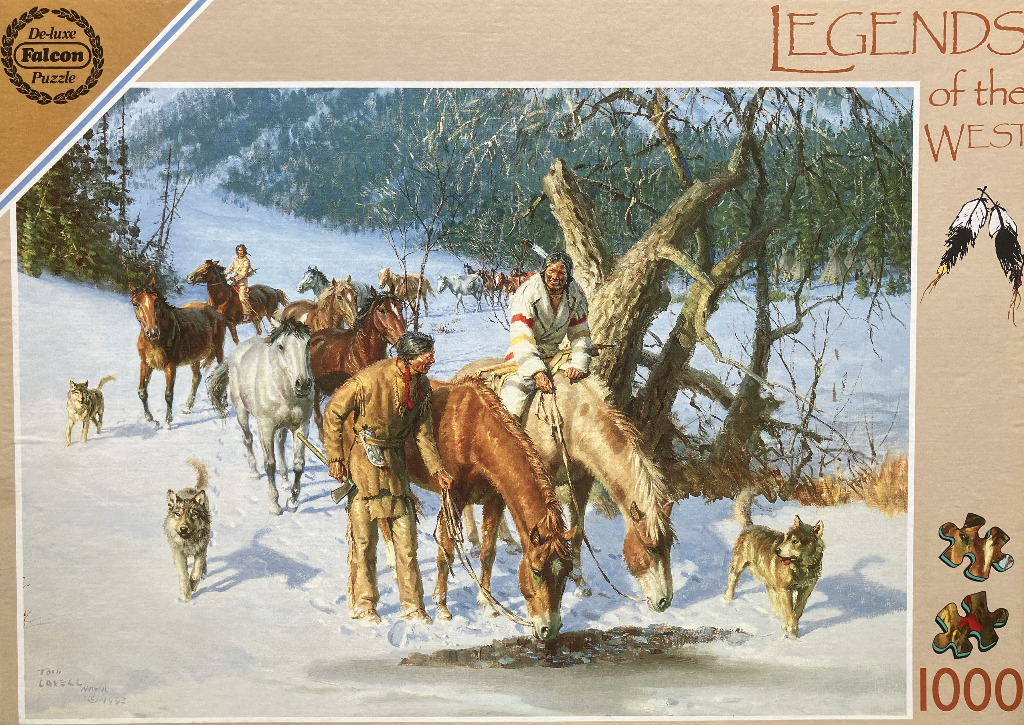 Painting of Native American figures and horses traveling through a snowy landscape