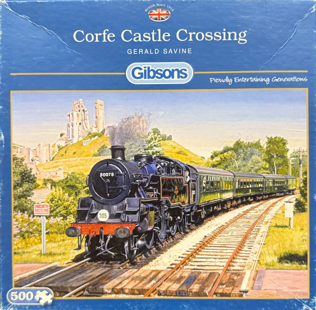 A steam train passing Corfe Castle ruins in an oil painting style.