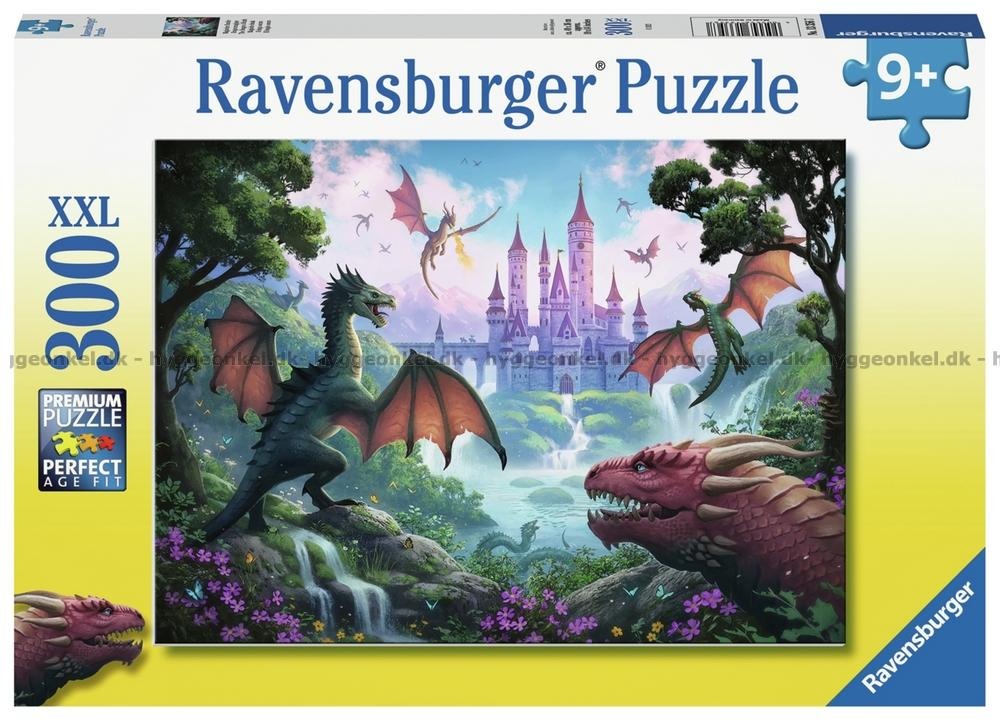 A fantasy illustration of a fairy tale castle surrounded by several dragons in a lush, magical landscape.