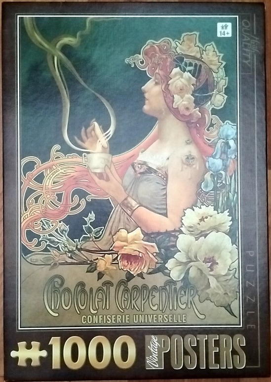 Art Nouveau style advertisement featuring a woman holding a steaming cup surrounded by flowers.
