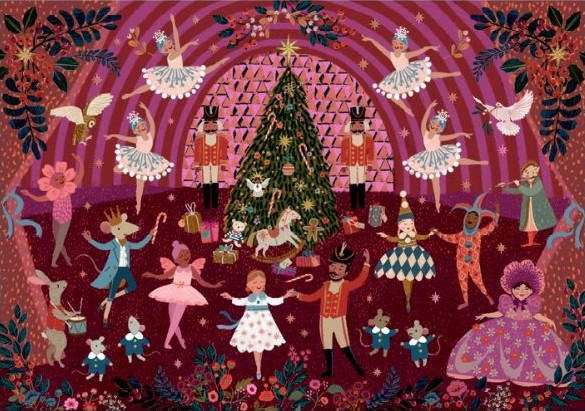 Whimsical Nutcracker-themed illustration with ballet dancers, toy soldiers, and a Christmas tree on a deep red background.