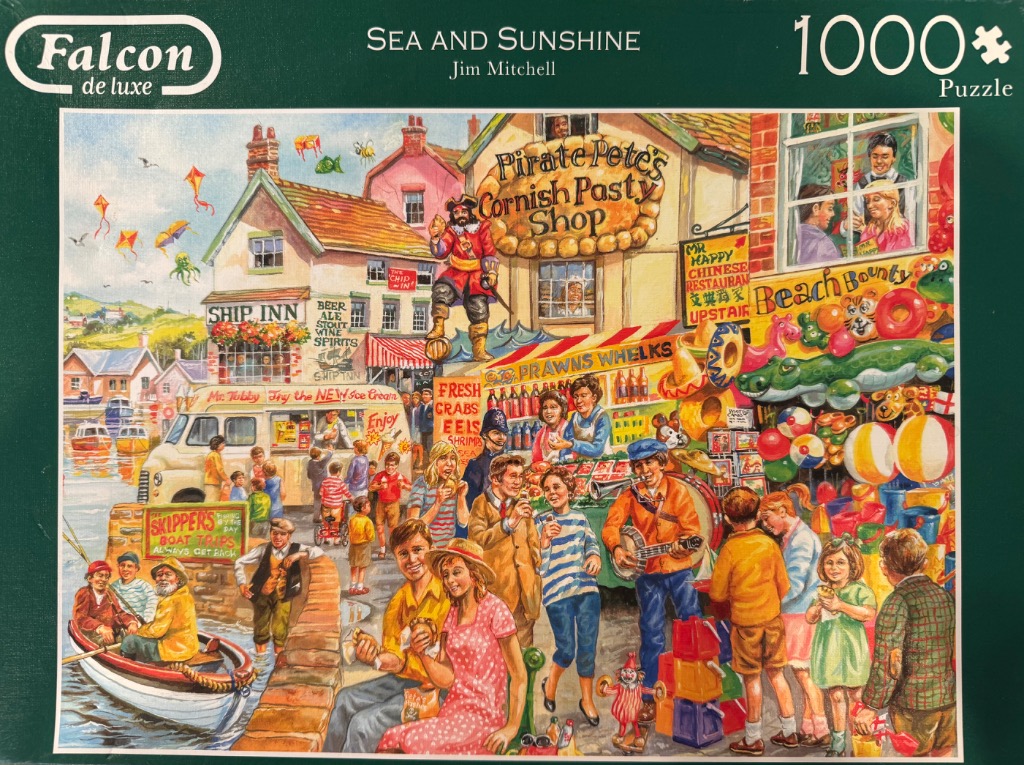 A bustling British seaside town scene with shops, an ice cream van, a musician, and happy tourists.