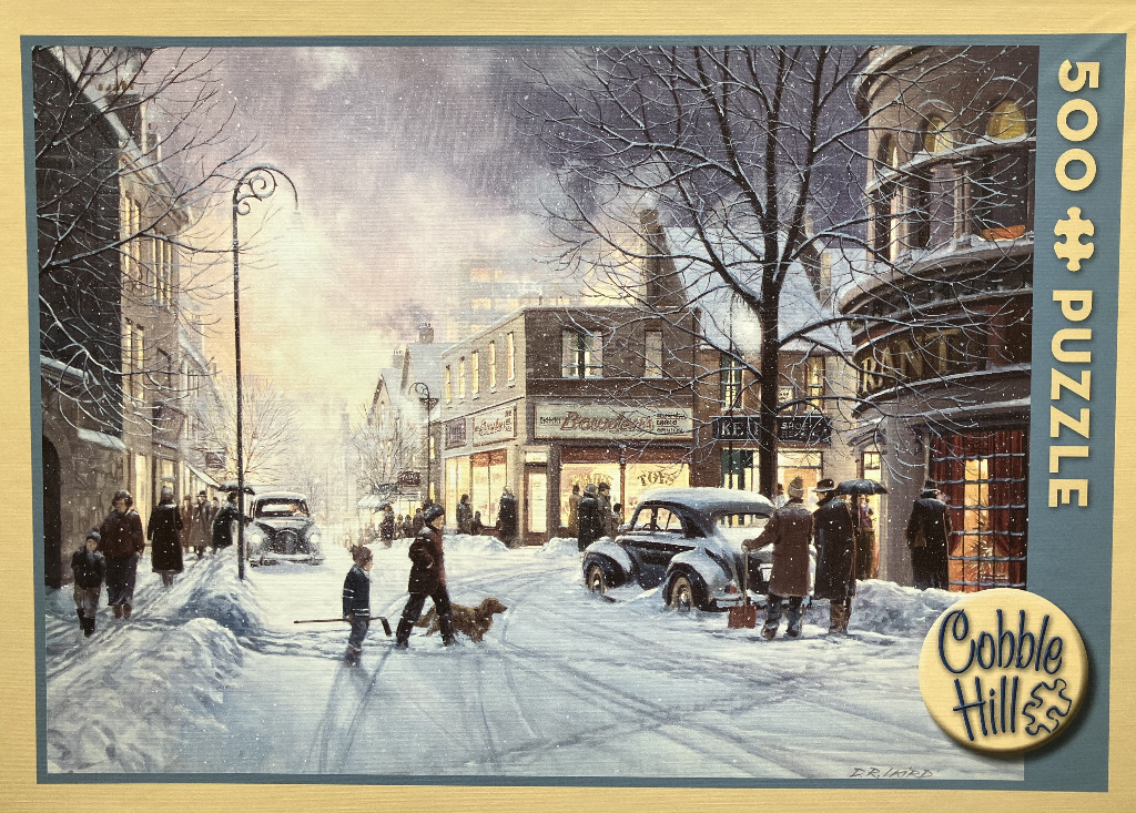 A snowy vintage town street at dusk with people, a child with a hockey stick, and a classic car.
