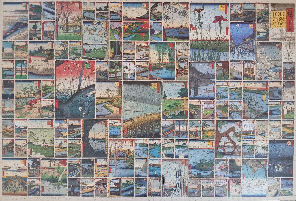 A collage of multiple Japanese woodblock print-style landscape illustrations depicting scenic views.