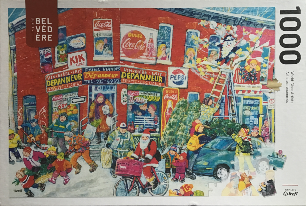 Painting of a bustling neighborhood scene in front of a red brick corner store decorated for Christmas.