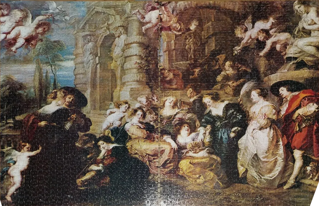 A Baroque oil painting of an elegant garden party with many figures and cherubs in a classical setting.