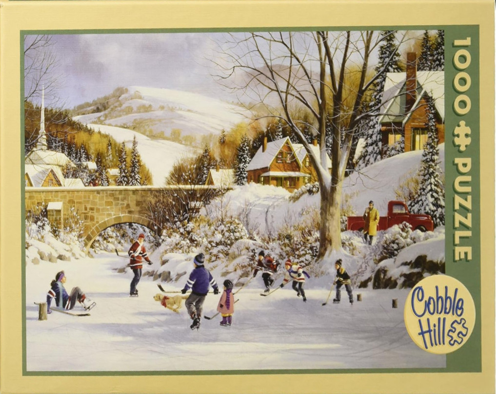 A wintry scene featuring children playing ice hockey on a frozen creek near a stone bridge and snow-covered houses.