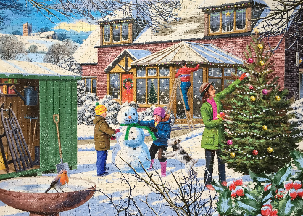A festive winter scene showing a family decorating a Christmas tree and building a snowman in their snowy garden.