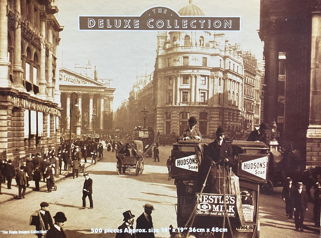 Sepia-toned historical photograph of a bustling 19th-century London street scene.