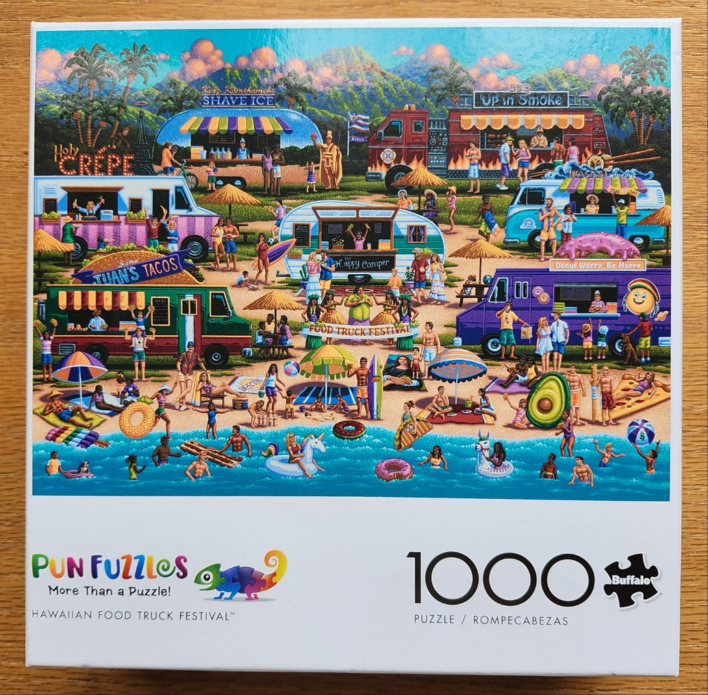 A lively illustration of a beachside food truck festival with people enjoying snacks and swimming in the ocean.
