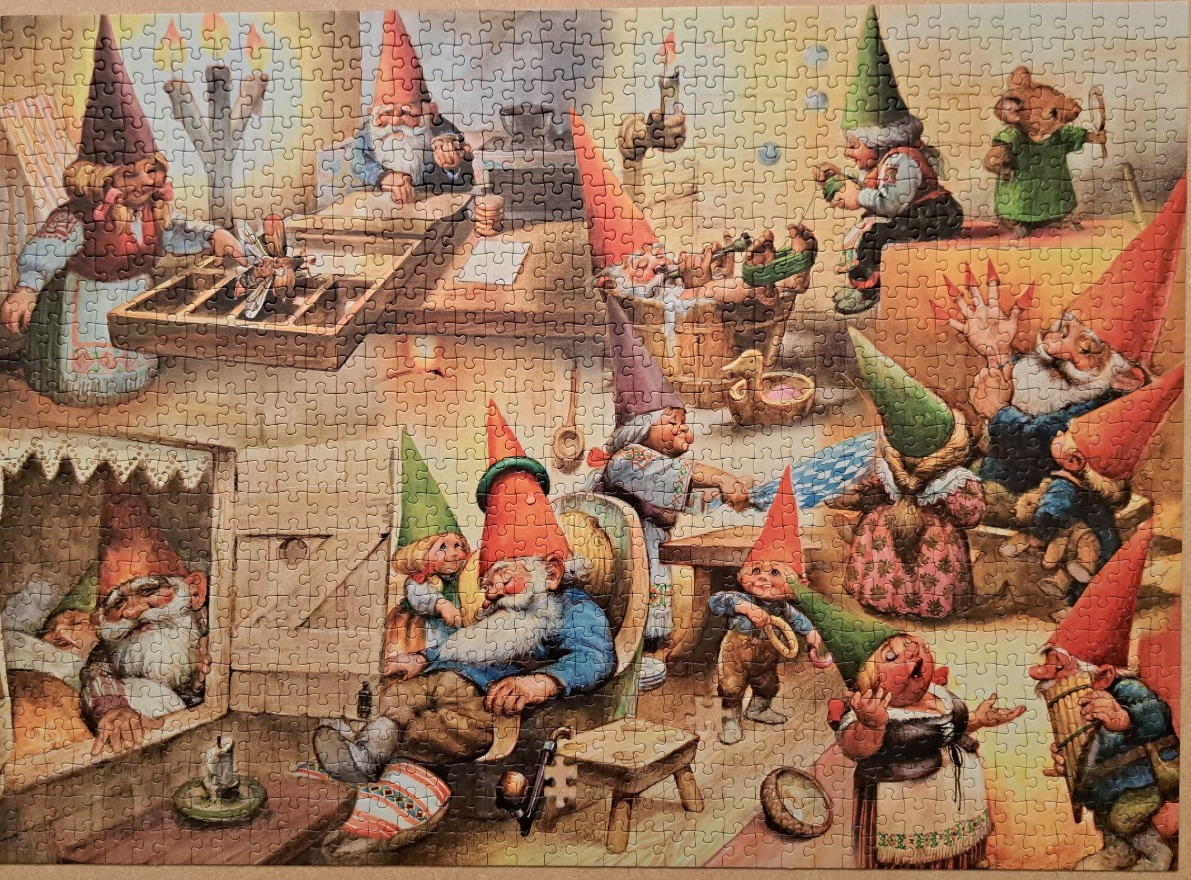 An illustration of numerous gnomes busy with various household chores and activities in a cozy, rustic workshop.
