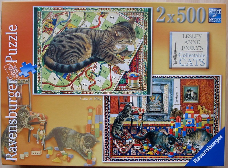Collage of tabby cats playing with board games, toys, and building blocks in cozy domestic settings.