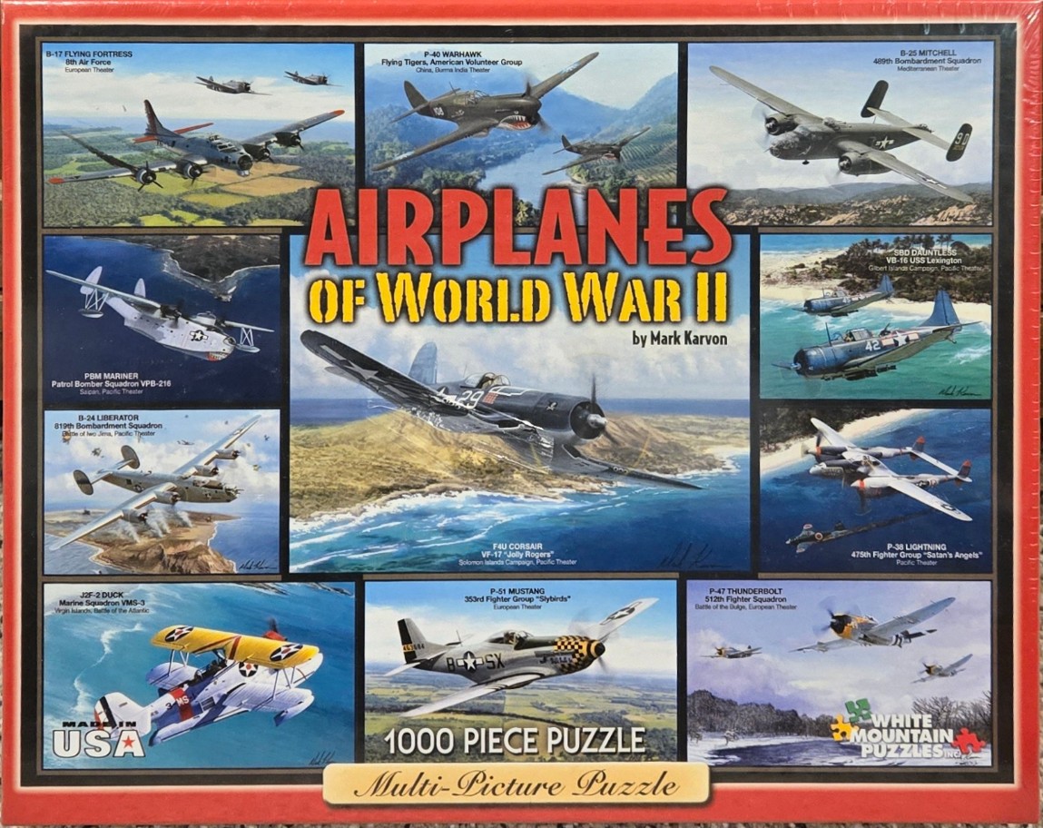 A collage of 12 detailed paintings of various World War II military aircraft in flight.