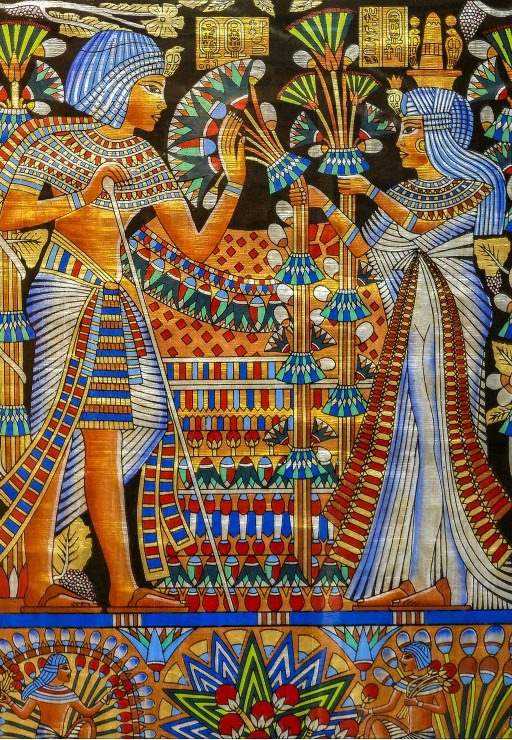 Ancient Egyptian style illustration featuring a royal couple and intricate botanical and hieroglyphic motifs.
