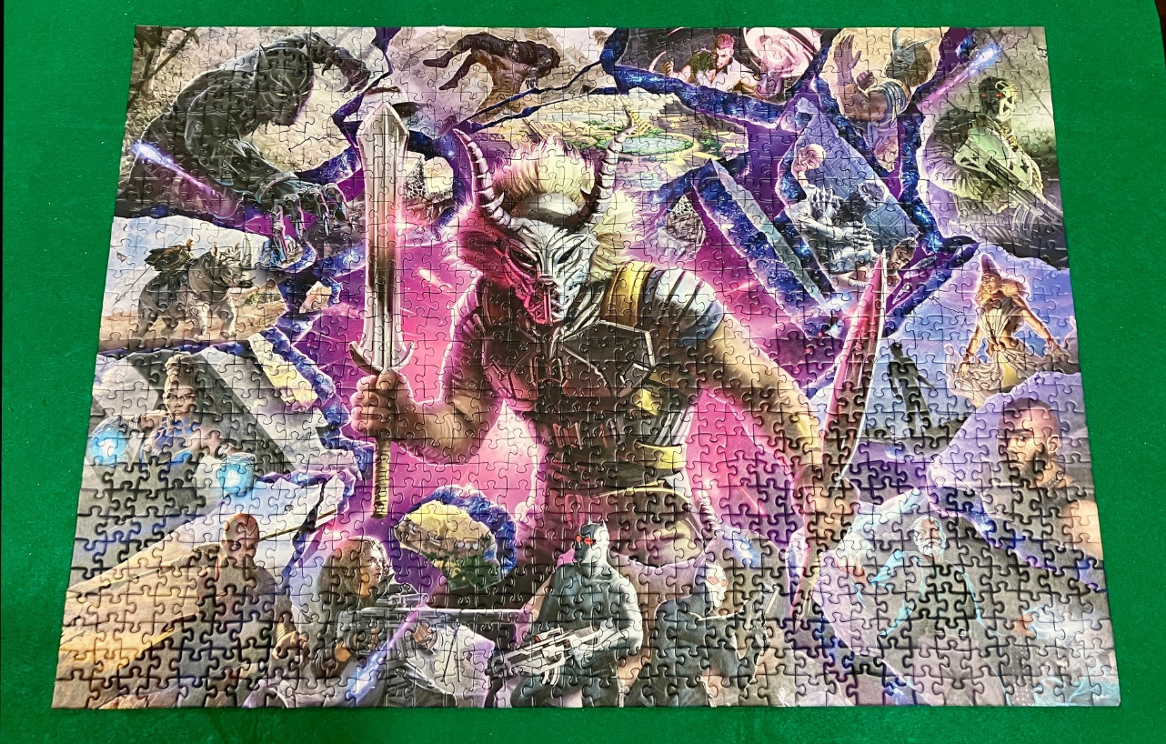 Fantasy illustration featuring a central horned warrior surrounded by a collage of various action and sci-fi characters.