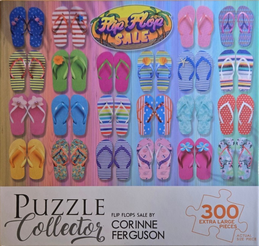 A collection of colorful pairs of flip-flops arranged in a grid against a rainbow-striped wood background.