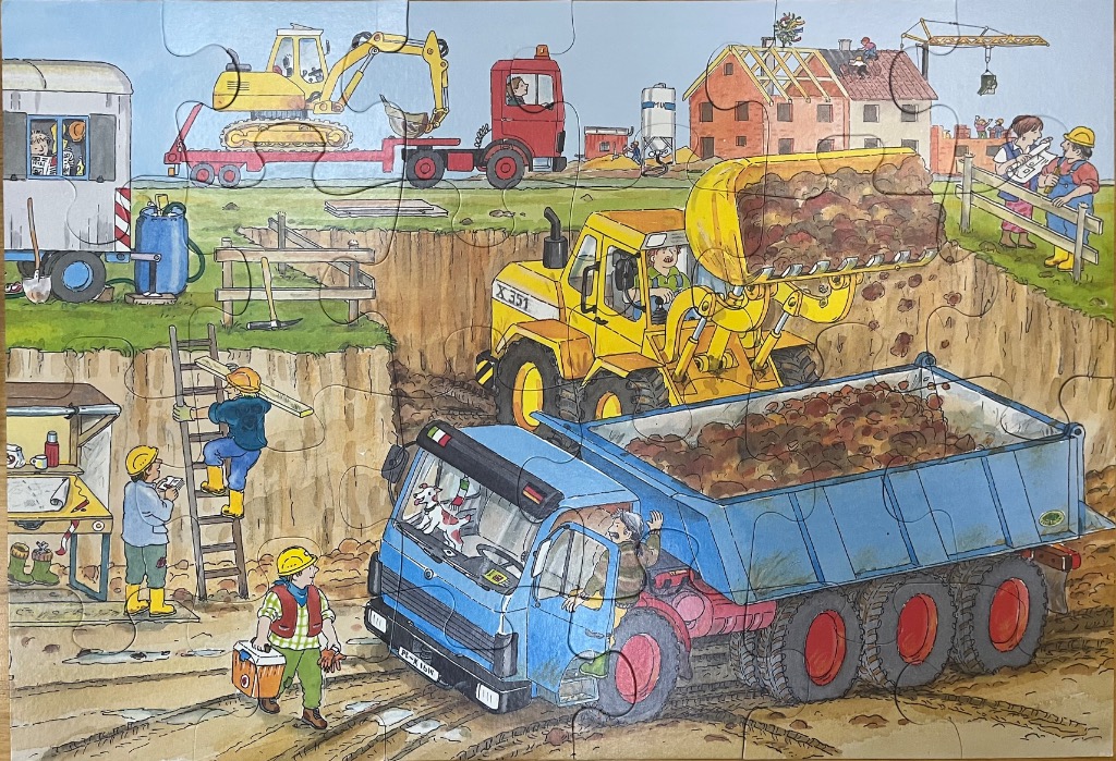 Cartoon construction site with workers, yellow excavators, and blue dump trucks.