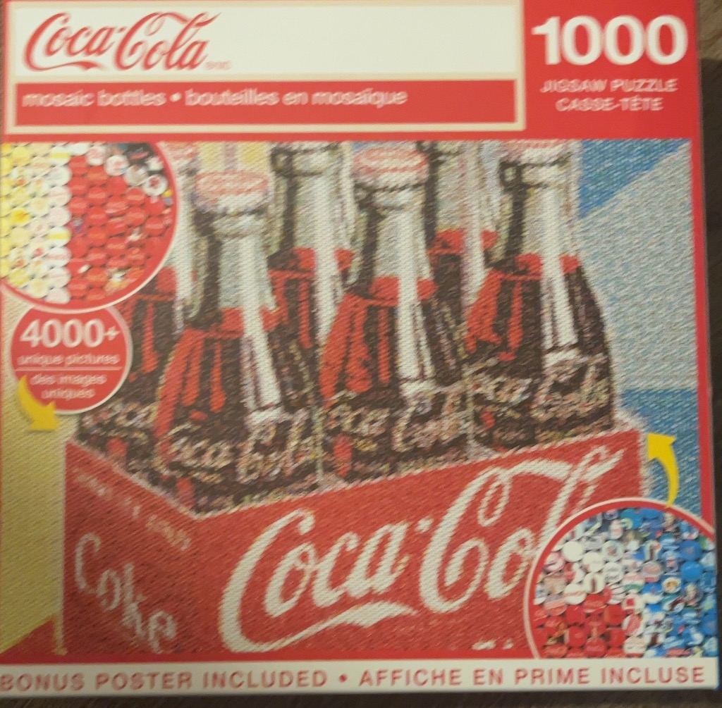 A mosaic image of a six-pack of glass soda bottles in a red crate.