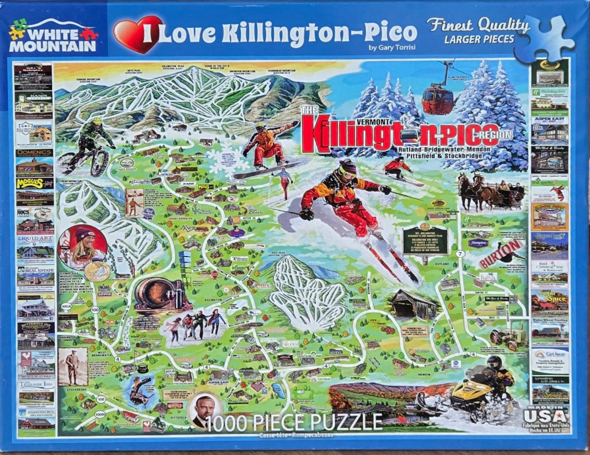 Illustrated pictorial map of the Killington and Pico region in Vermont featuring skiers, snowboarders, and snowy mountains.
