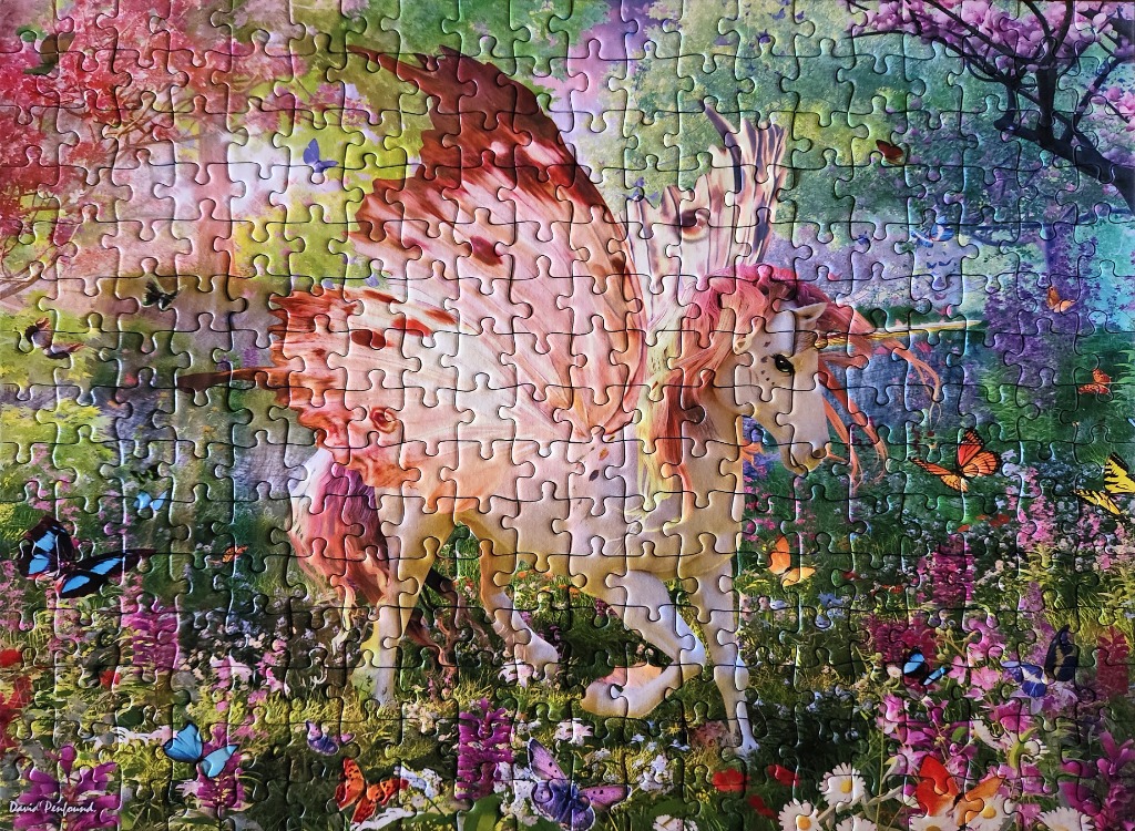 A fantasy painting of a unicorn with butterfly wings in a sun-drenched flower garden filled with butterflies.