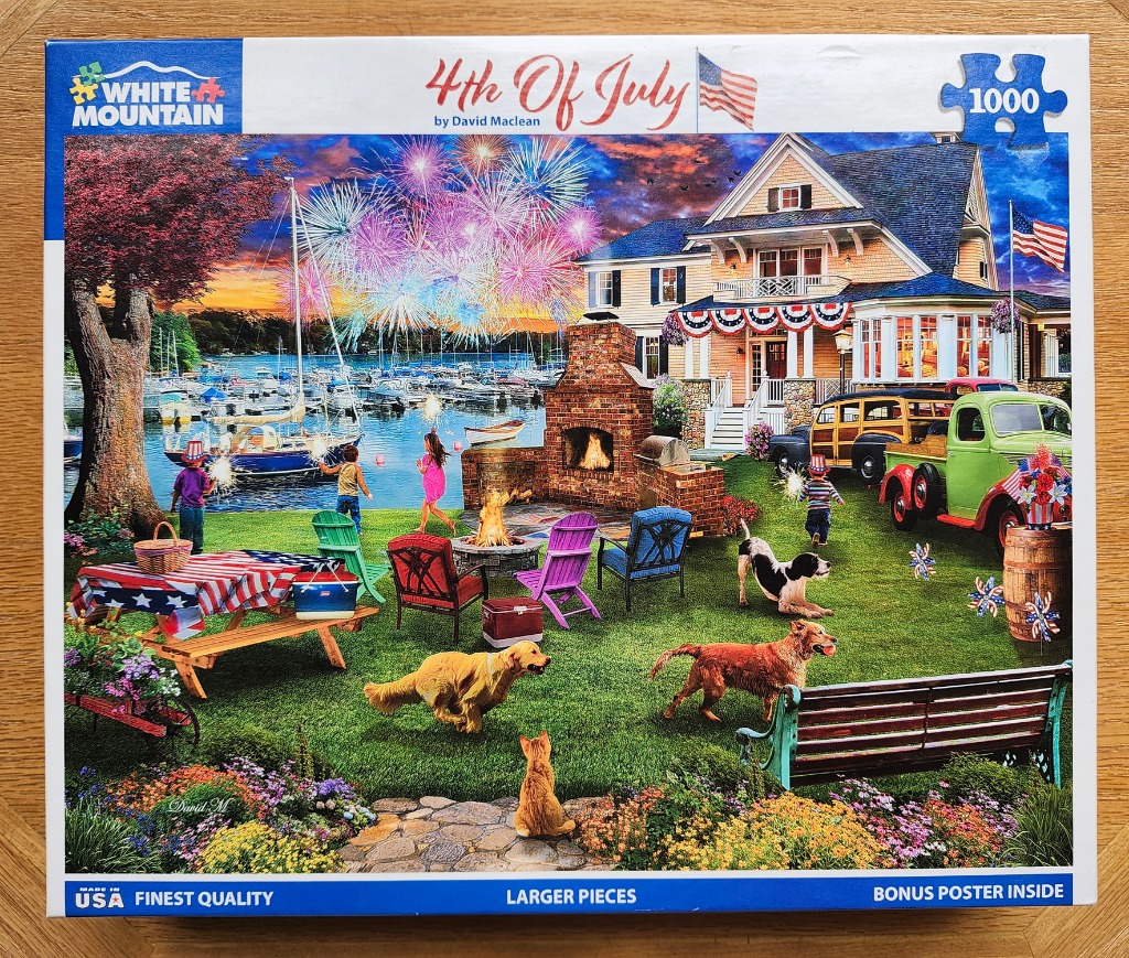 A festive Independence Day scene showing a backyard party by a lake with fireworks, dogs, and a vintage house.
