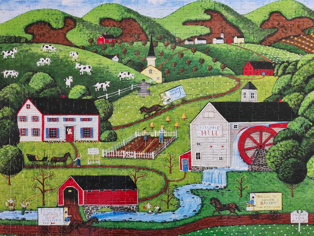 Folk art illustration of a rolling rural countryside featuring a mill, covered bridge, and farm animals.