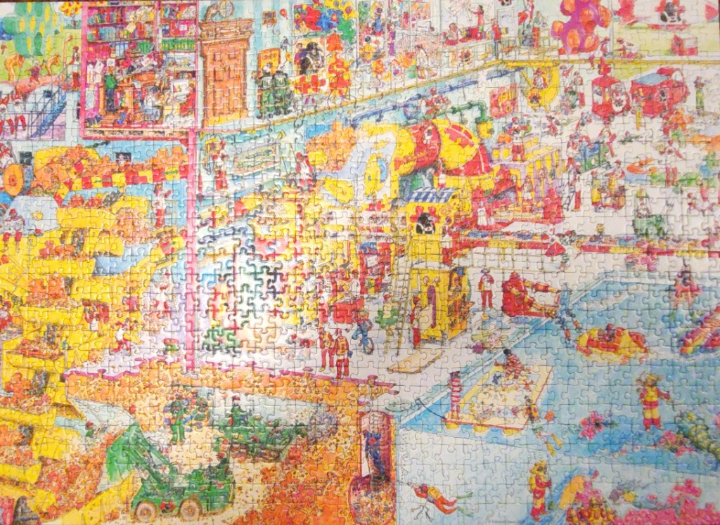A busy, multi-level illustrated scene depicting an intricate factory or industrial facility with many tiny characters.