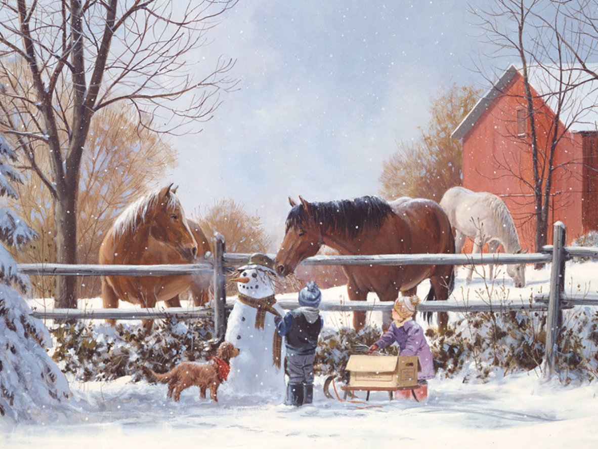 Two children and a golden retriever stand with a snowman near horses behind a snowy fence by a red barn.