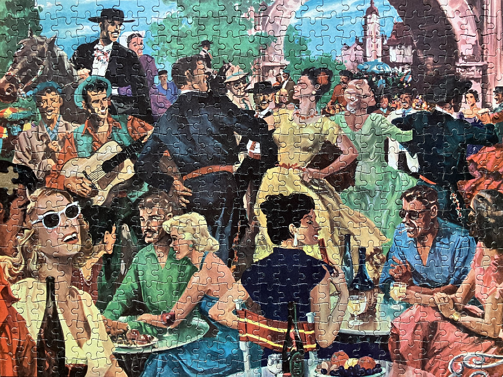 Illustration of a lively Mediterranean outdoor cafe scene with couples dancing and socializing.