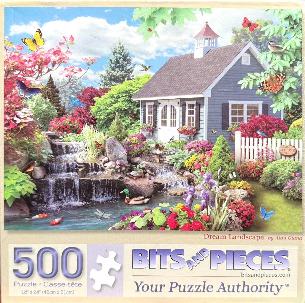 A peaceful garden landscape featuring a small blue shed, a cascading waterfall, colorful flowers, and butterflies.