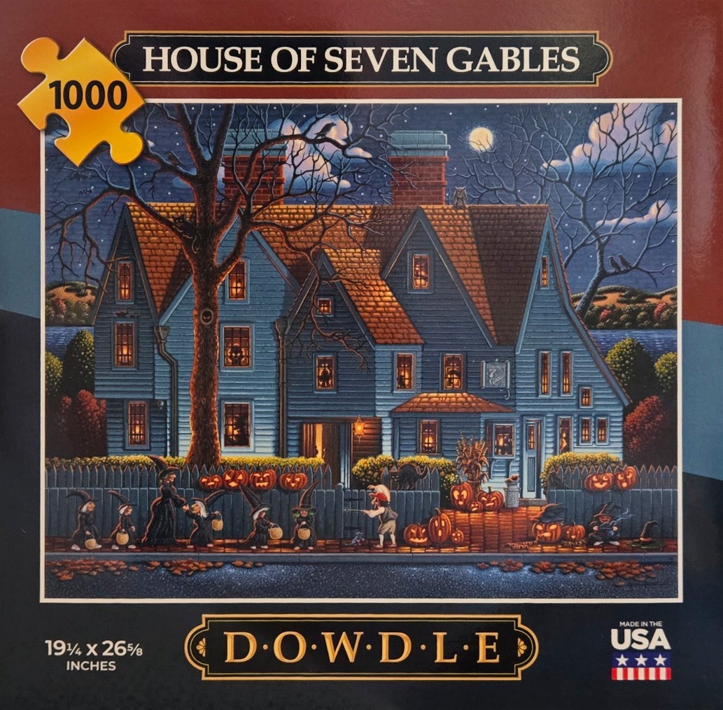 Illustration of the House of Seven Gables at night with trick-or-treaters and glowing jack-o'-lanterns.