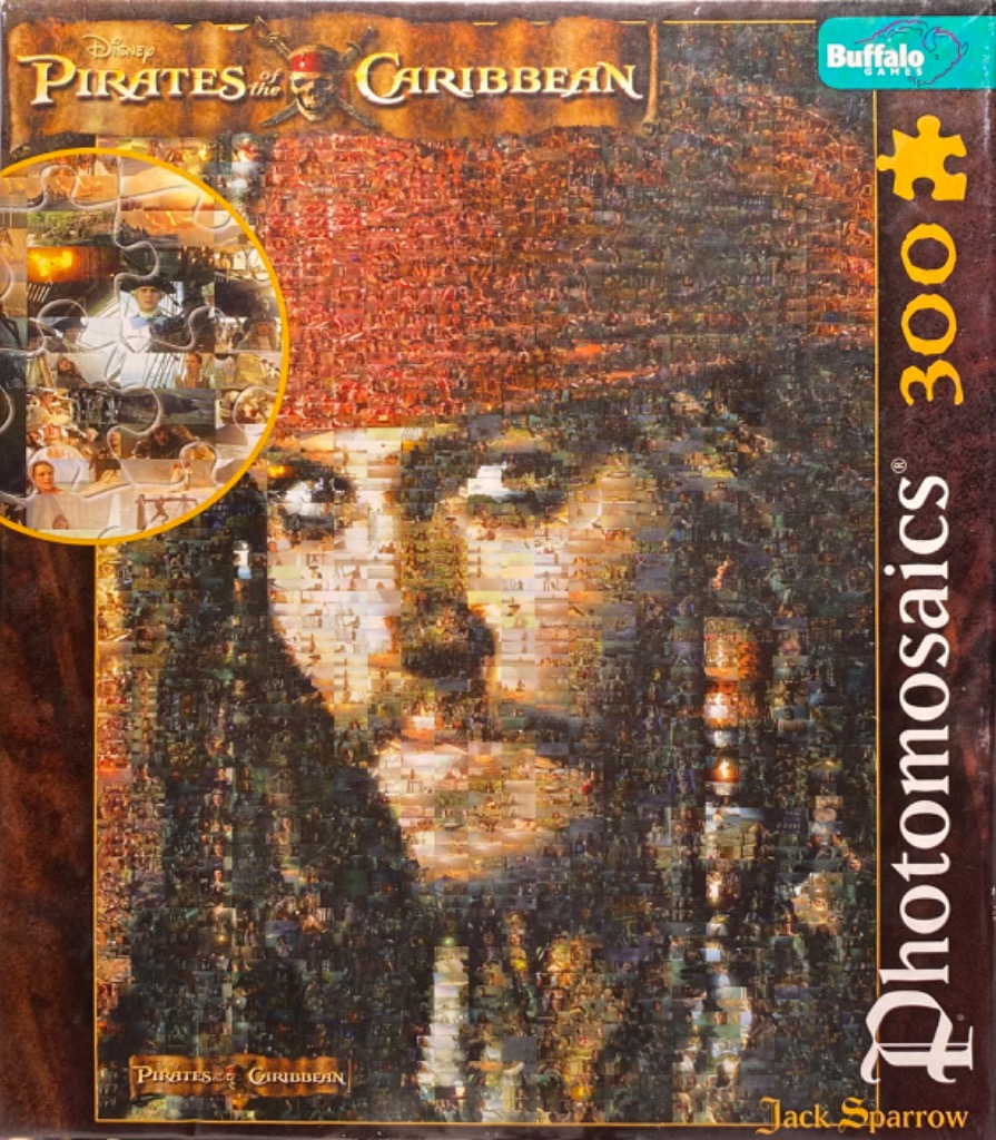 Photomosaic portrait of Captain Jack Sparrow composed of hundreds of tiny images from the Pirates of the Caribbean films.
