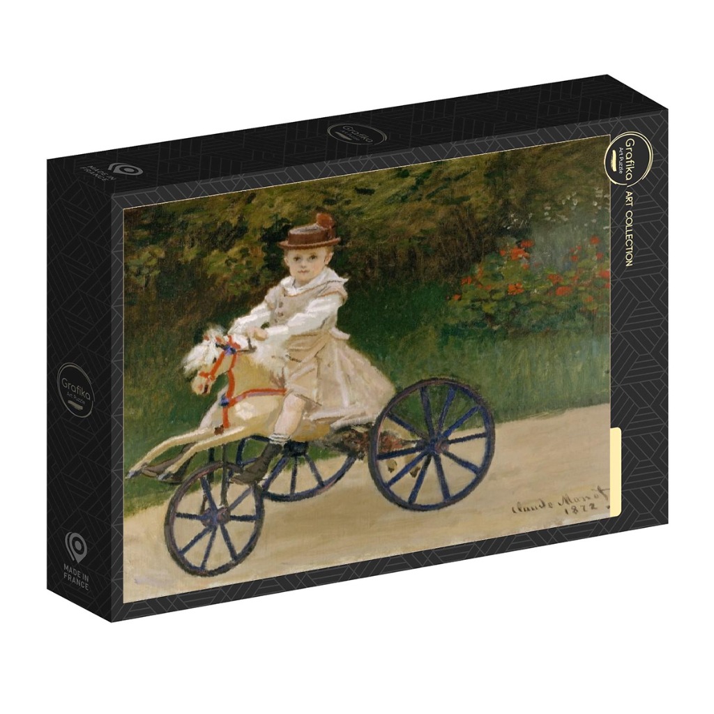 Painting of a young child in a light-coloured outfit riding a hobby horse tricycle on a dirt path.