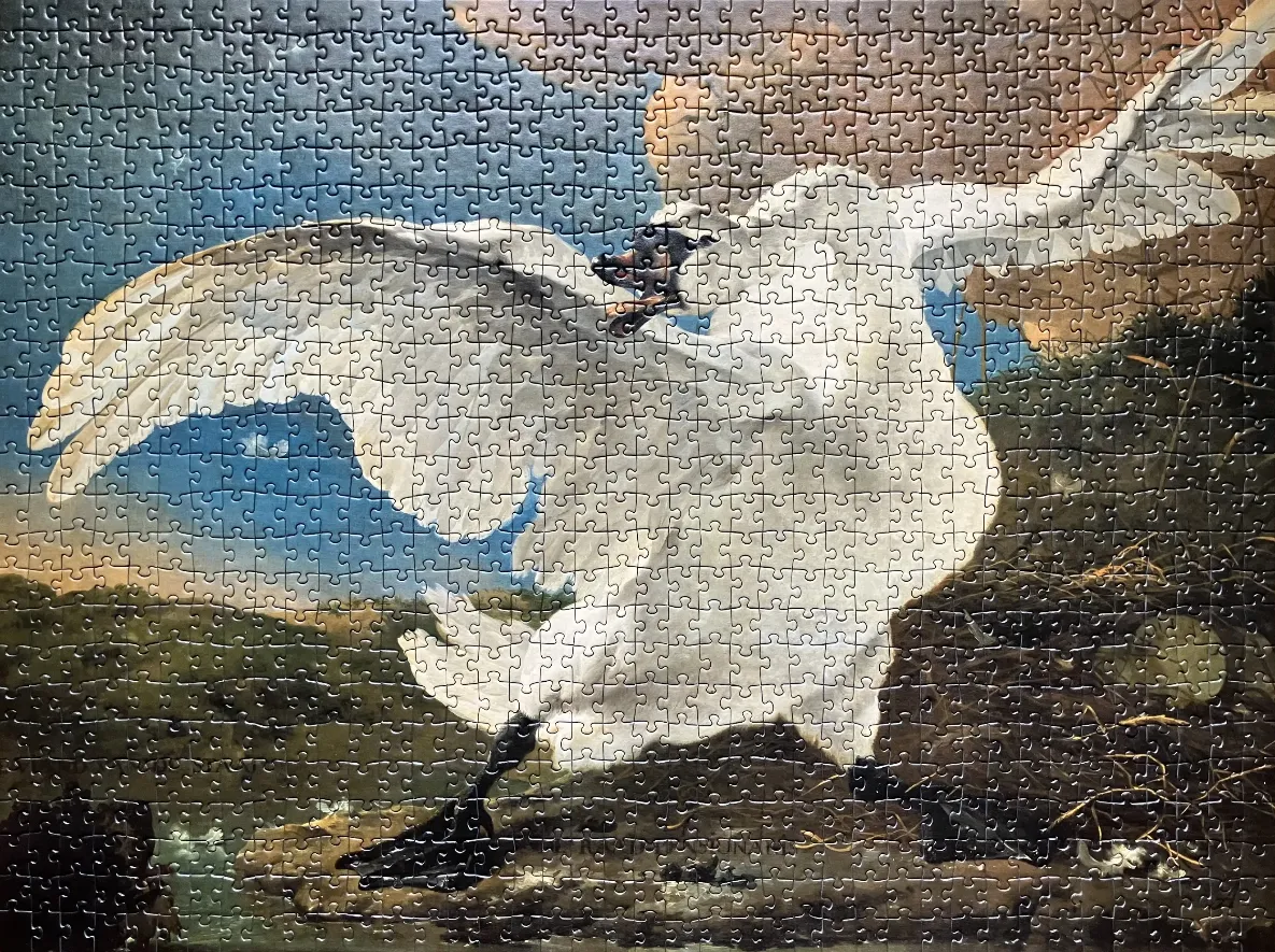A classical oil painting of a threatened white swan spreading its wings on a nest.