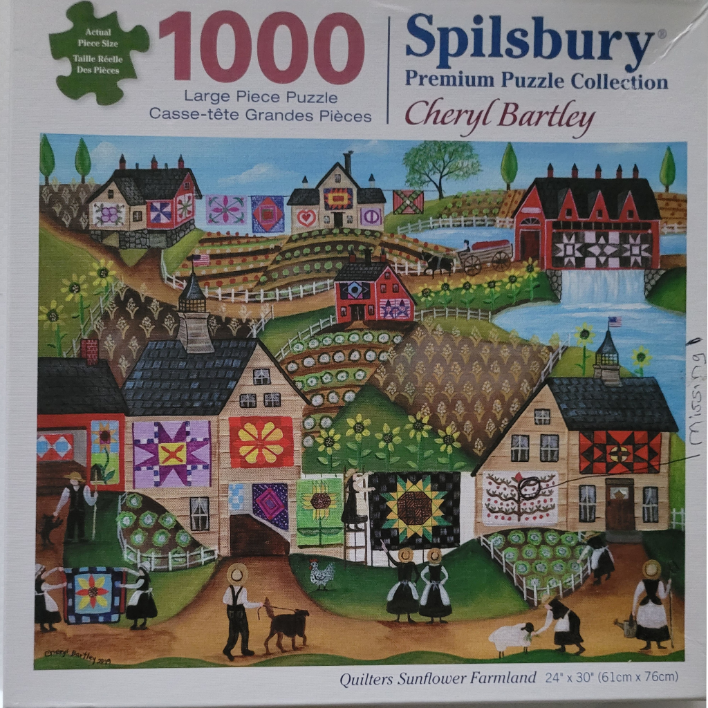 Folk art style painting of a rural farm scene with large colorful quilt squares displayed on buildings.