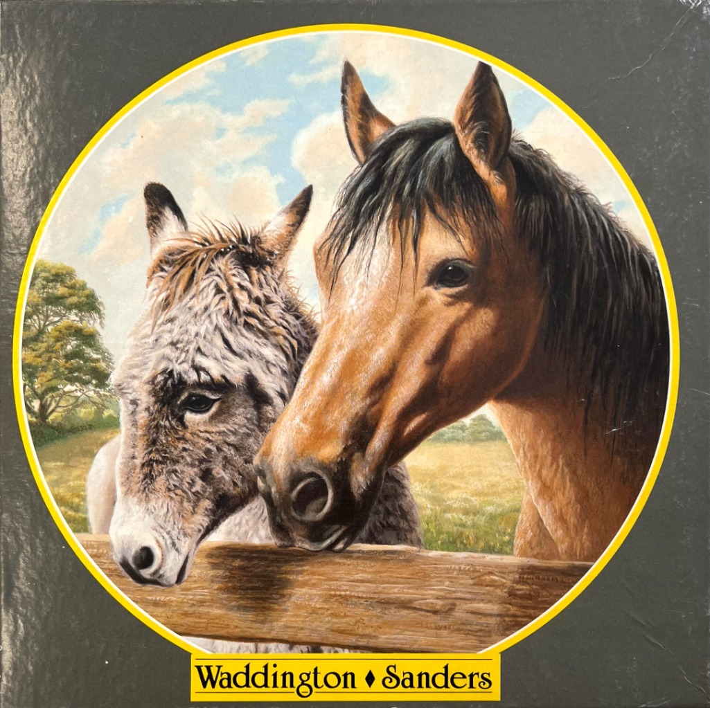 An oil painting of a bay horse and a grey donkey standing side-by-side behind a wooden fence.