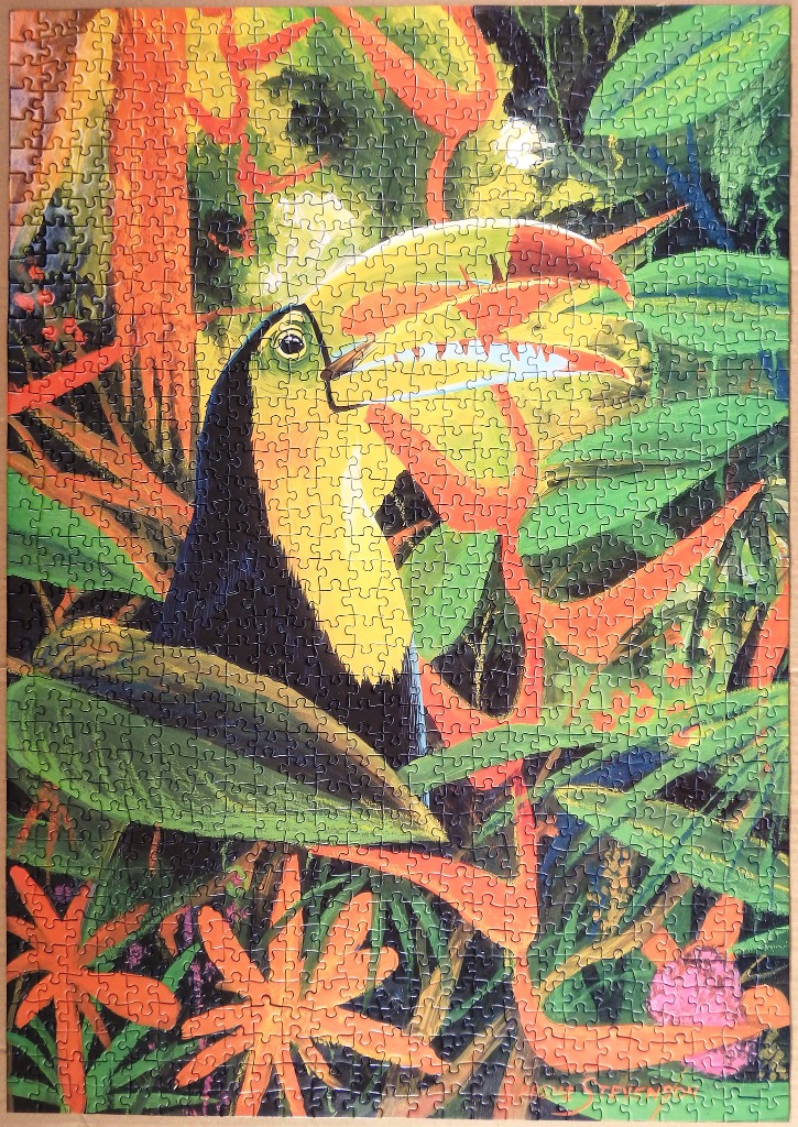 An oil-style painting of a toucan surrounded by vibrant jungle foliage.