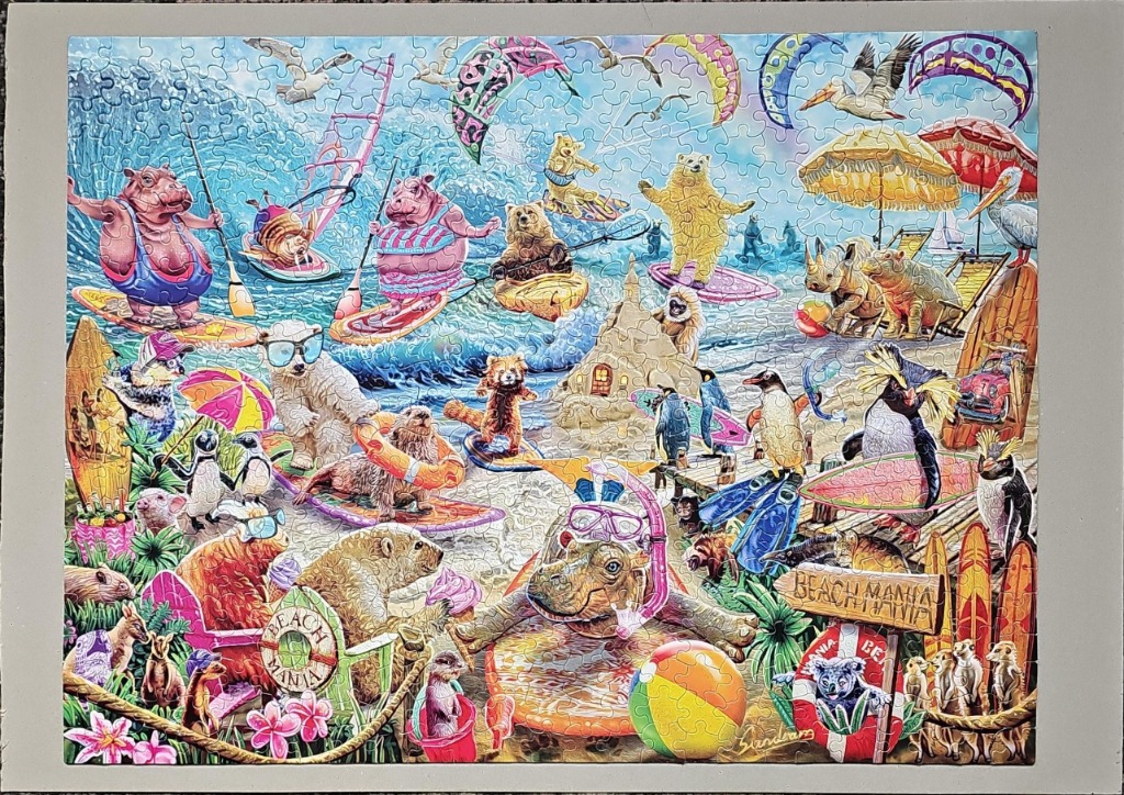A whimsical beach scene filled with cartoon animals enjoying water sports, swimming, and relaxing on the sand.