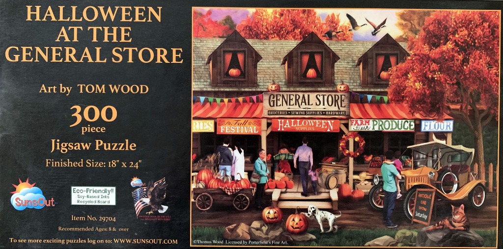 A charming illustration of a general store decorated for a Halloween festival in autumn.