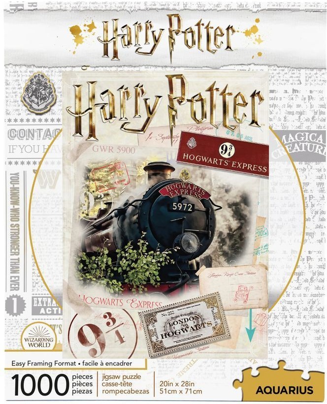 Artwork featuring the Hogwarts Express steam train, a Platform 9 3/4 ticket, and vintage ephemera background.