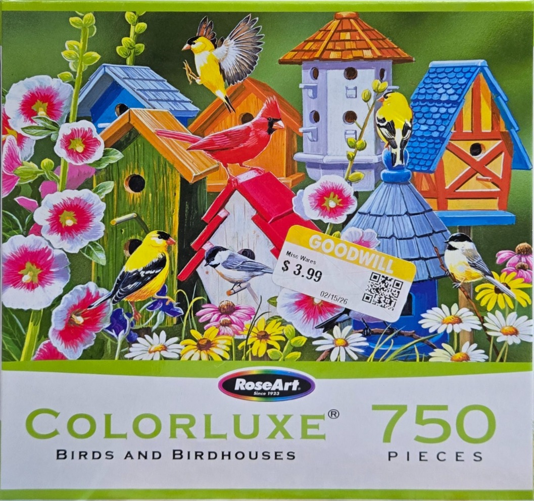 A whimsical illustration of various colorful birdhouses nestled among tall garden flowers with several species of birds.