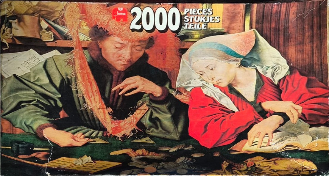 A Renaissance-style oil painting of a man and woman weighing coins on a scale at a desk.