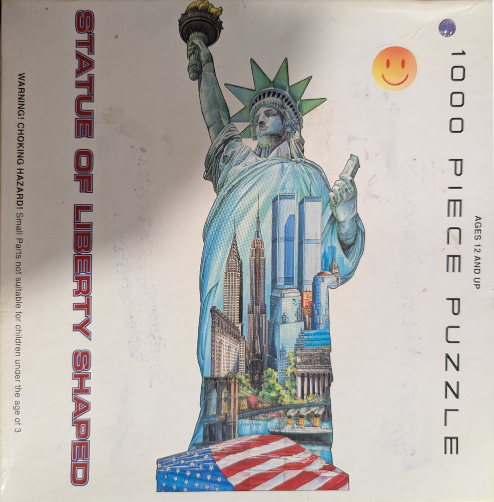 Illustration of the Statue of Liberty containing a collage of New York City landmarks and a flag base