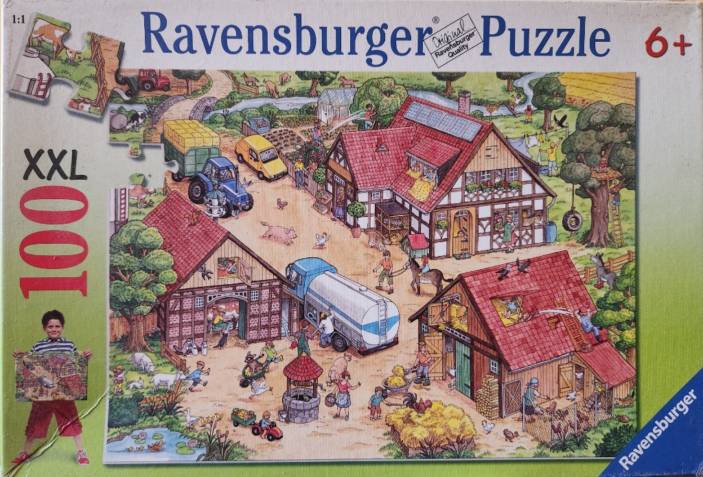 Busy illustrated scene of a traditional farmyard with various buildings, animals, and people going about daily chores.